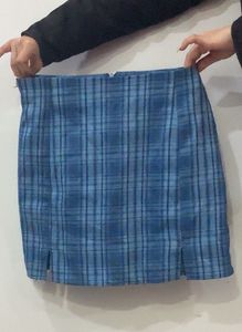 Blue Plaid Mini Skirt with Slits