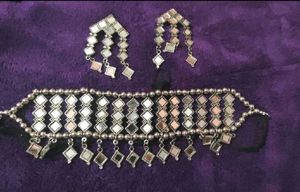 Silver Oxidised Mirror Necklace &amp; Earring Set