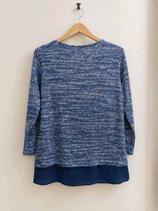 Women's Blue Marled Knit Top with Layered Hem