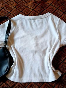 Zudio White Ribbed Henley Top