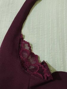Burgundy Halter Neck Lace Trim Crop Top