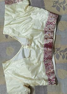 Cream &amp; Maroon Embroidered Silk Saree
