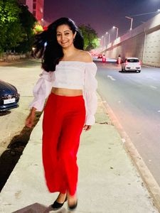 Chic Off-Shoulder White Top & Red wide leg trouser