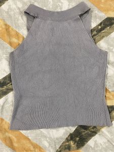 Grey Zip Neck Ribbed Tank Top