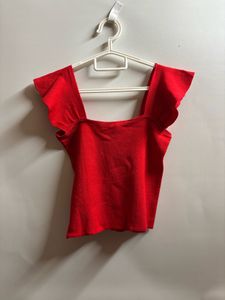 Red Flutter Sleeve Top with Bow Detail