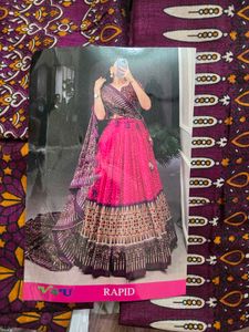 NEW Semistitched Pink & Purple pattu lahenga saree