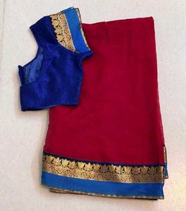 Red Saree with Blue and Gold Border