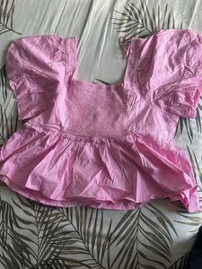 Pink Peplum Top with Puff Sleeves