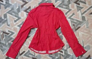Red Striped Embroidered Button-Up Shirt