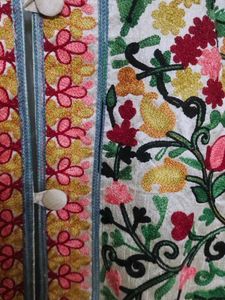Ivory Kashmiri Aari Embroidered Woolen Long Jacket