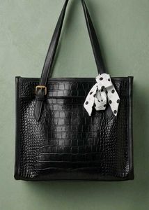 Chic Black Croc Tote Bag with Scarf Accent