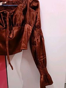 Chic Brown Satin Tie-Front Crop Top