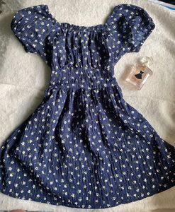 babydoll Navy Floral Smocked Puff Sleeve Dress