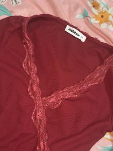 Burgundy Lace Trim Long Sleeve Top