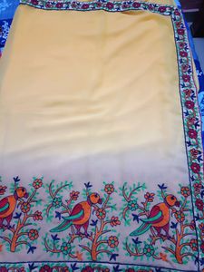 Embroidered Parrot &amp; Floral Saree with Blouse
