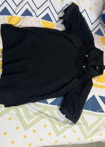 Chic Black Lace Sleeve Polo T-Shirt
