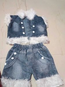 Denim Fur Trimmed Vest and Shorts Set