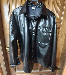 Black Faux Leather Button-Up Jacket –