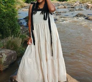 Cream Tiered Maxi Dress with Black Accents