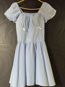 Cute Blue Gingham Puff Sleeve Dress