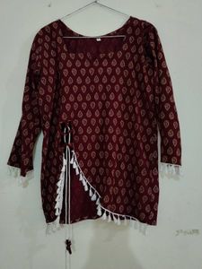 Maroon Printed Short Kurti with Tassels