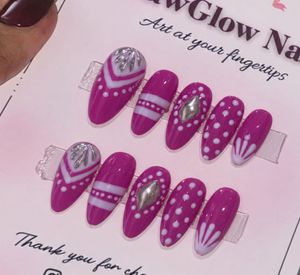 Garba Press-On Nails - Pink with White Designs
