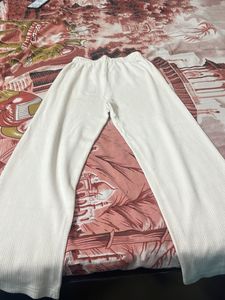 White Ribbed Wide Leg Pants