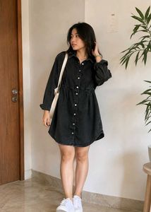 Korean Black Denim Shirt Dress