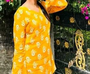 Mustard Yellow Printed Women Short Kurti