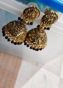 Elegant Jhumka Earrings with Black Beads