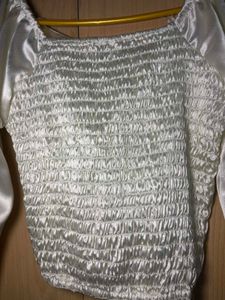 Cream Satin Ruched Long Sleeve Top