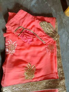 Beautiful Orange Embroidered Saree &amp; ready blouse