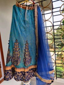 Turquoise blue Net Lehenga, Blouse, Dupatta Set