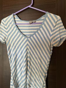 Blue Striped Line T-shirt Top For Ladies