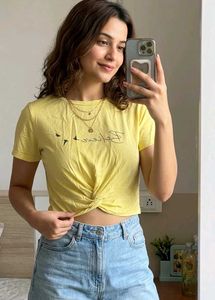 Cute Yellow Twist Front Crop Top