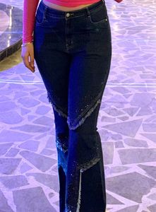 Flared Denim Jeans with Rhinestone Detail