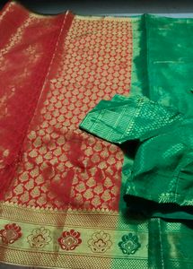 Red &amp; Green Brocade Saree