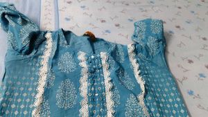 Teal Printed Kurta Set with Lace pure cotton 100%