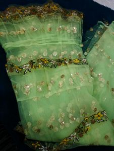 Lime Green Sequin Saree