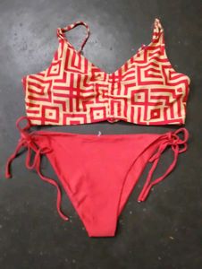 Stylish Red & Tan Geo Print Bikini Set