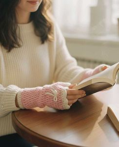 Pink Crochet Fingerless Gloves with bow