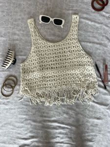 beachy Cream Crochet Fringe Tank Top