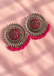 Oxidised Jhumka Earrings with Pink Beads