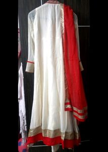 Red &amp; Cream Embroidered Anarkali Gown For Weddings