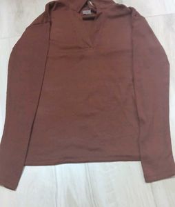 Brown Full Sleeve Fitted Crop T-Shirt
