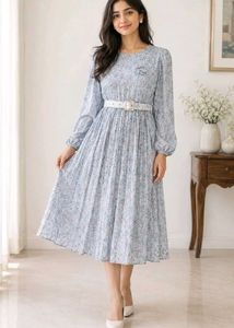 Floral Pleated Dress with Belt