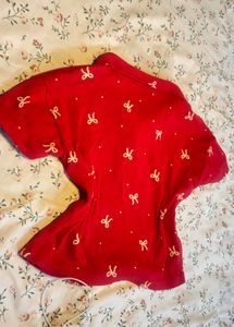 Red Bow Print Collared Top