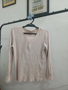 Light Pink Long Sleeve Top with Feather Cuffs