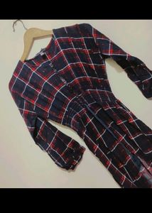 Red &amp; Navy Blue Check Print Long Front Cut Open Ku
