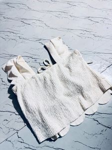 Cream Textured Scallop Crop Top